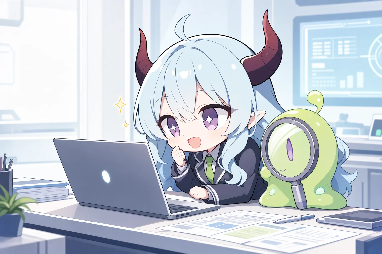 AI記者やまとーるちゃんと、虫眼鏡に擬態した緑色のスライム助手