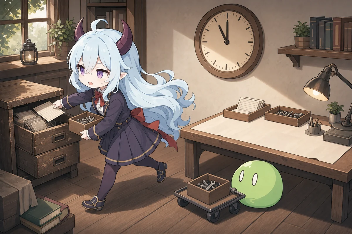 古い道具箱から新しい作業台へ部品を移し、時計を確認するやまとーるちゃんと運搬を手伝う緑のスライム
