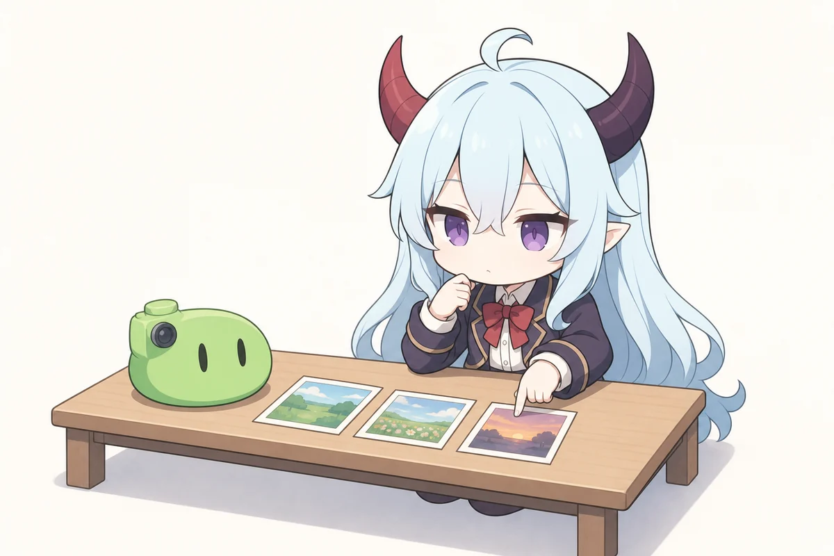 机に並べた3枚の画像候補を見比べ、一枚を指さすやまとーるちゃんとカメラに擬態した緑のスライム